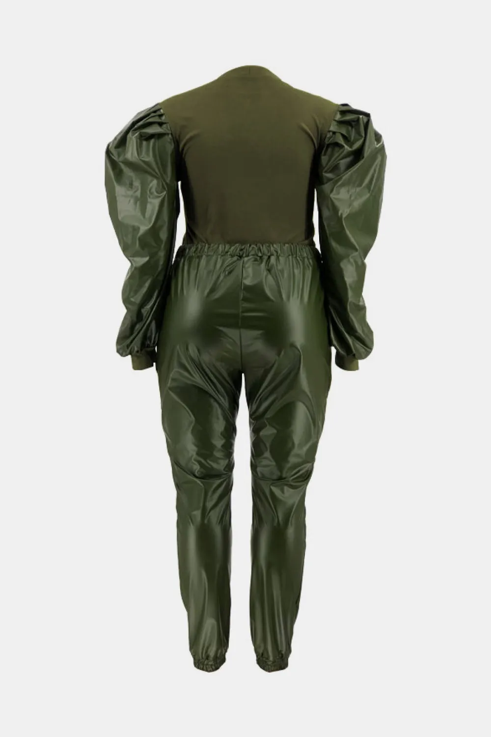 Puff Sleeve Spliced Top and Drawstring Waist Joggers Set