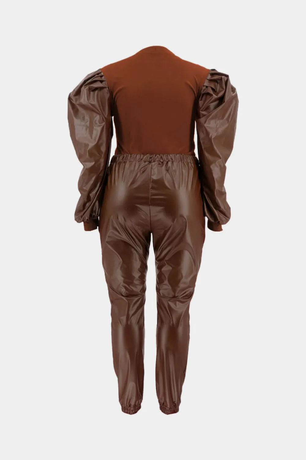 Puff Sleeve Spliced Top and Drawstring Waist Joggers Set