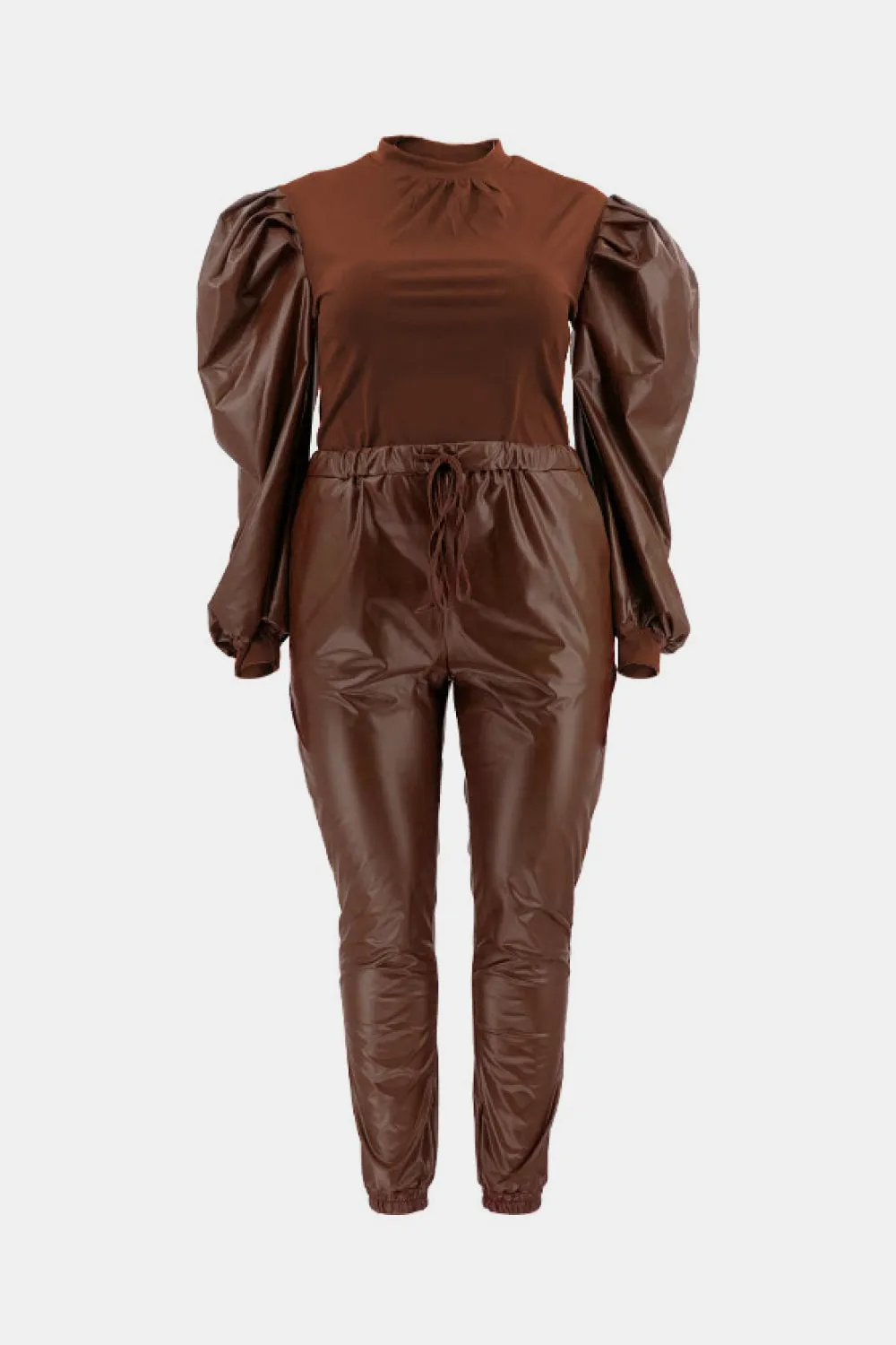 Puff Sleeve Spliced Top and Drawstring Waist Joggers Set