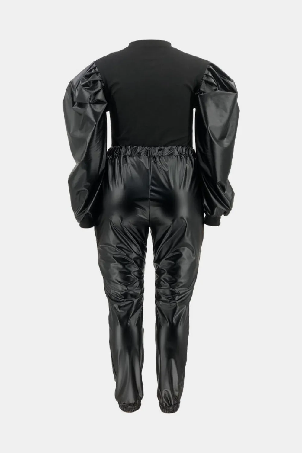 Puff Sleeve Spliced Top and Drawstring Waist Joggers Set