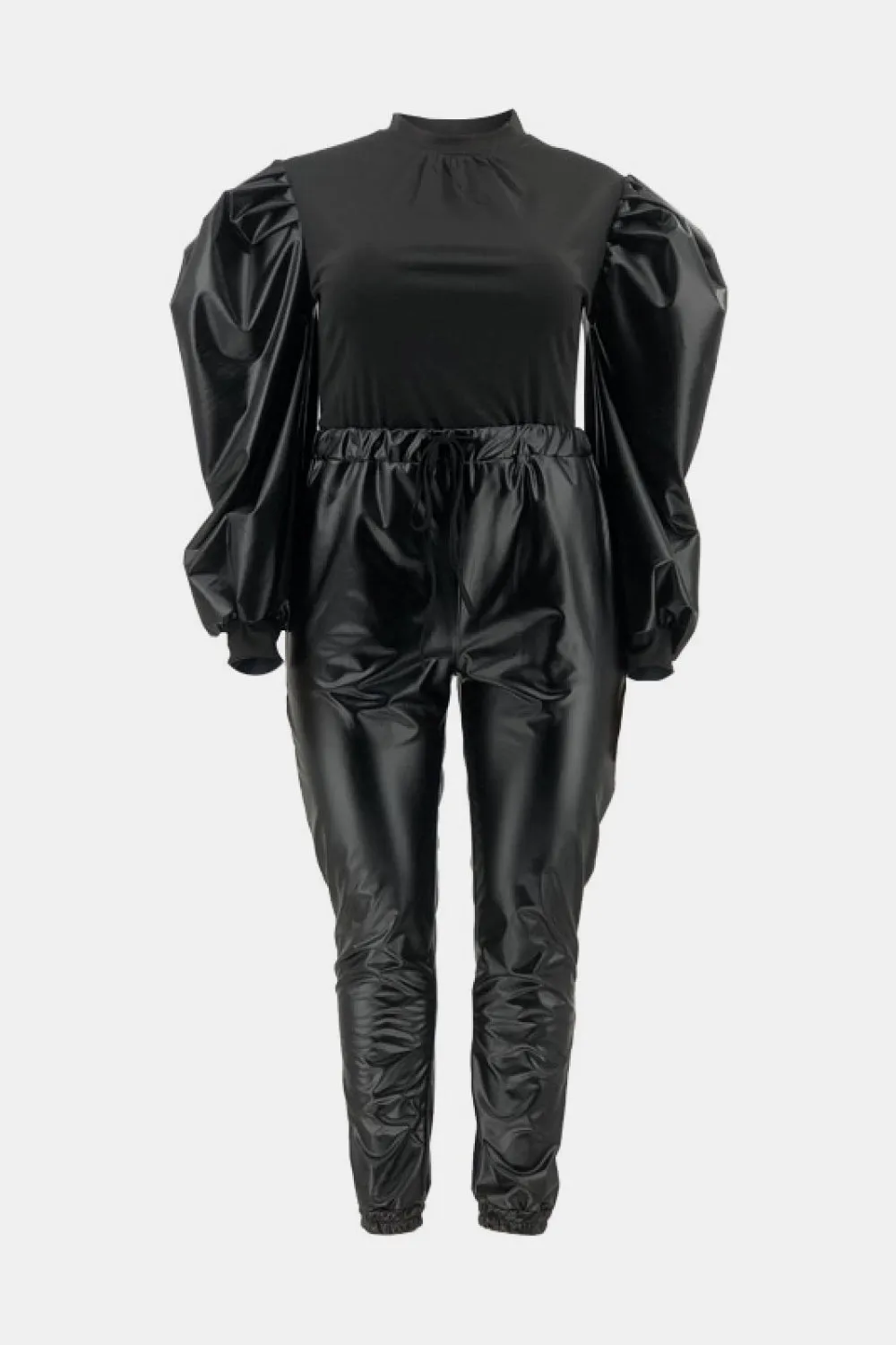 Puff Sleeve Spliced Top and Drawstring Waist Joggers Set