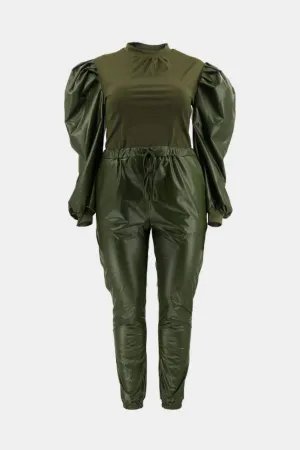 Puff Sleeve Spliced Top and Drawstring Waist Joggers Set