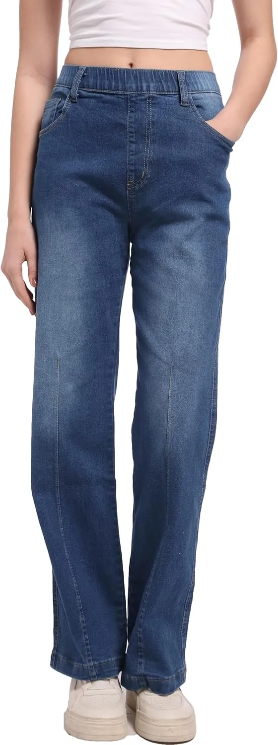 Pull on Jeans for Women Flare Stretchy Elastic High Waist Denim Pants Trendy Bootcut Front Seam Jean