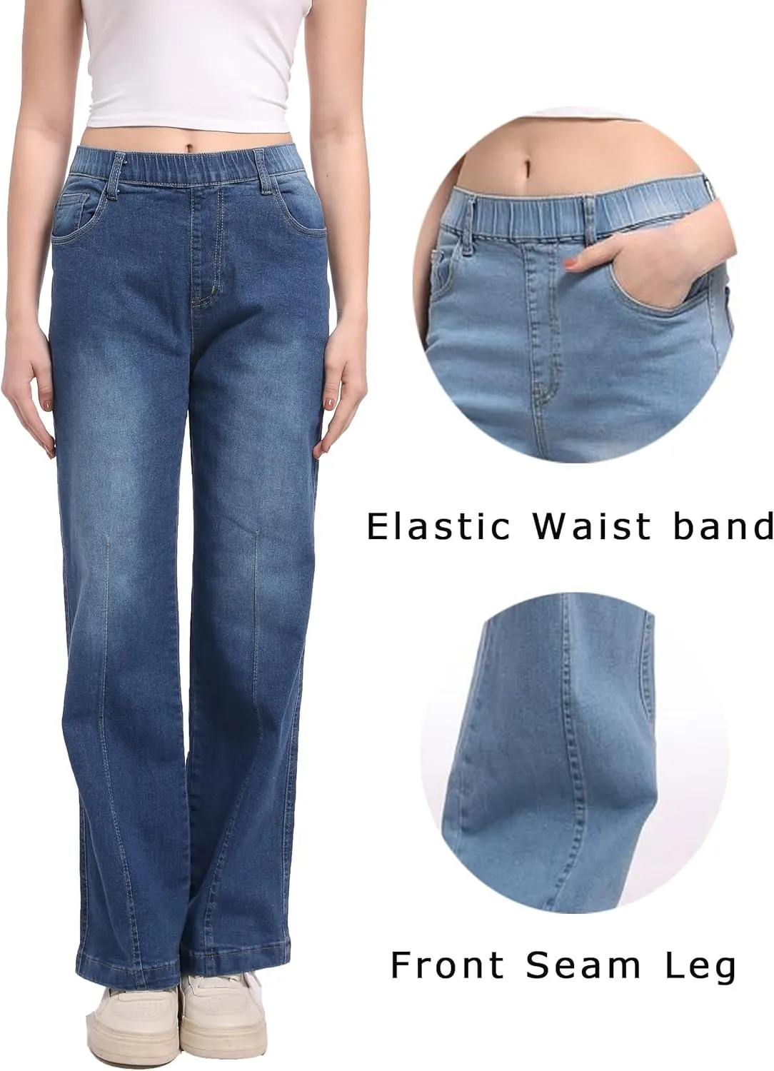 Pull on Jeans for Women Flare Stretchy Elastic High Waist Denim Pants Trendy Bootcut Front Seam Jean