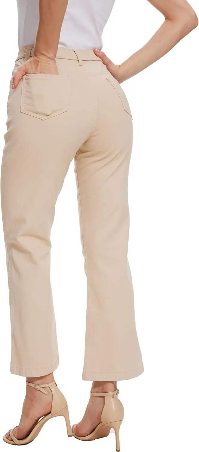 Pull on Jeans for Women Flare Stretchy Elastic High Waist Denim Pants Trendy Bootcut Front Seam Jean