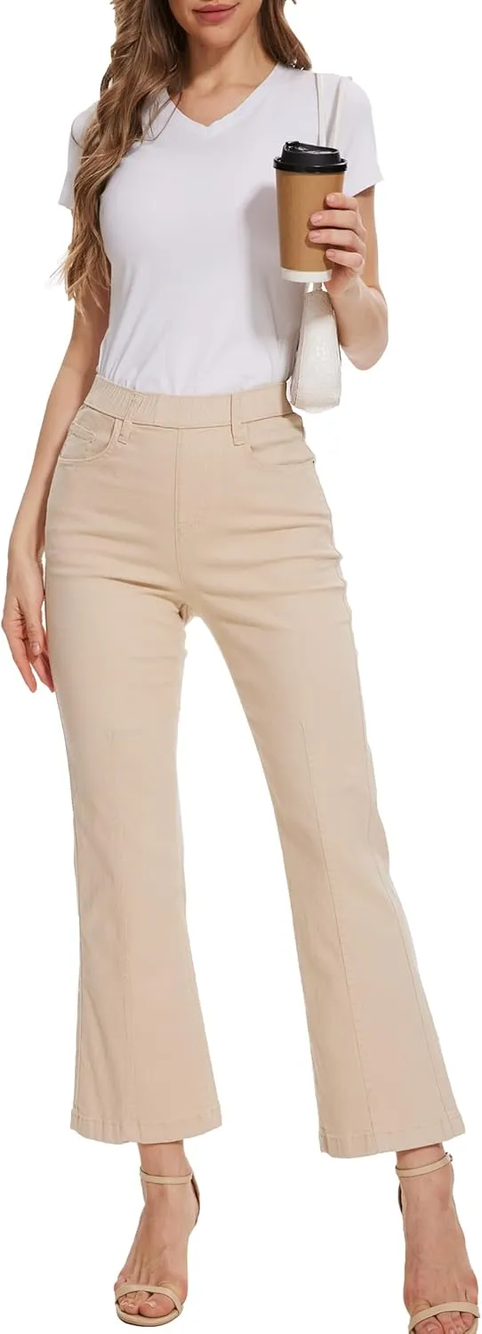 Pull on Jeans for Women Flare Stretchy Elastic High Waist Denim Pants Trendy Bootcut Front Seam Jean