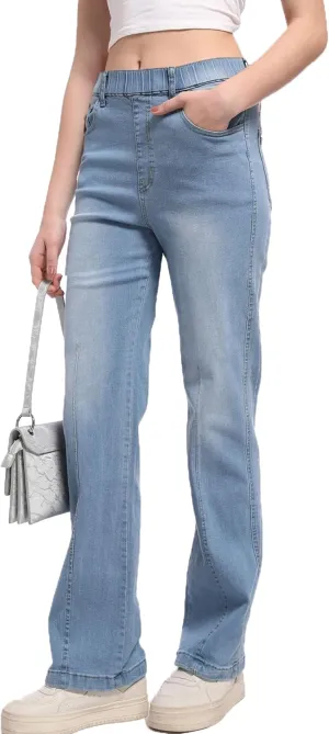 Pull on Jeans for Women Flare Stretchy Elastic High Waist Denim Pants Trendy Bootcut Front Seam Jean
