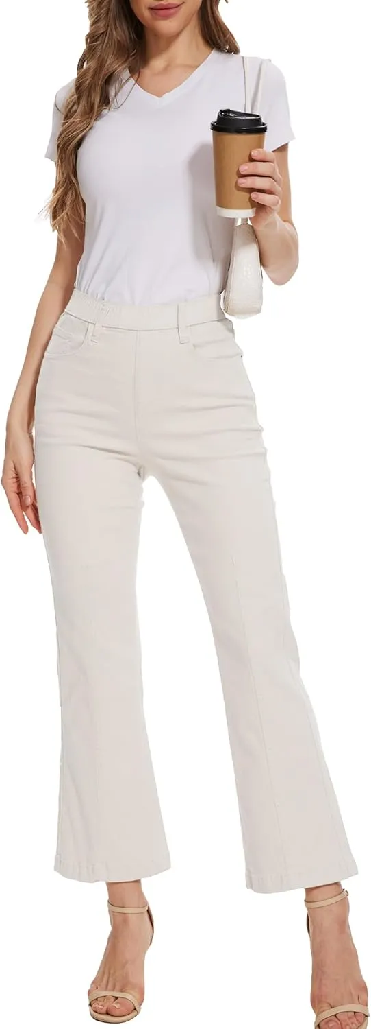 Pull on Jeans for Women Flare Stretchy Elastic High Waist Denim Pants Trendy Bootcut Front Seam Jean