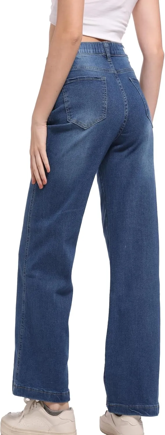 Pull on Jeans for Women Flare Stretchy Elastic High Waist Denim Pants Trendy Bootcut Front Seam Jean