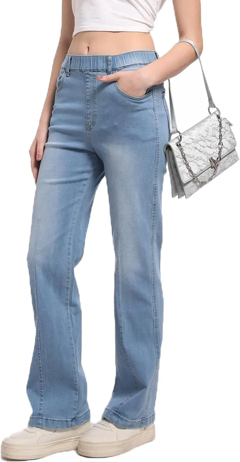 Pull on Jeans for Women Flare Stretchy Elastic High Waist Denim Pants Trendy Bootcut Front Seam Jean