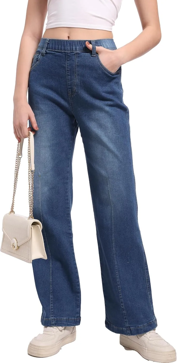 Pull on Jeans for Women Flare Stretchy Elastic High Waist Denim Pants Trendy Bootcut Front Seam Jean