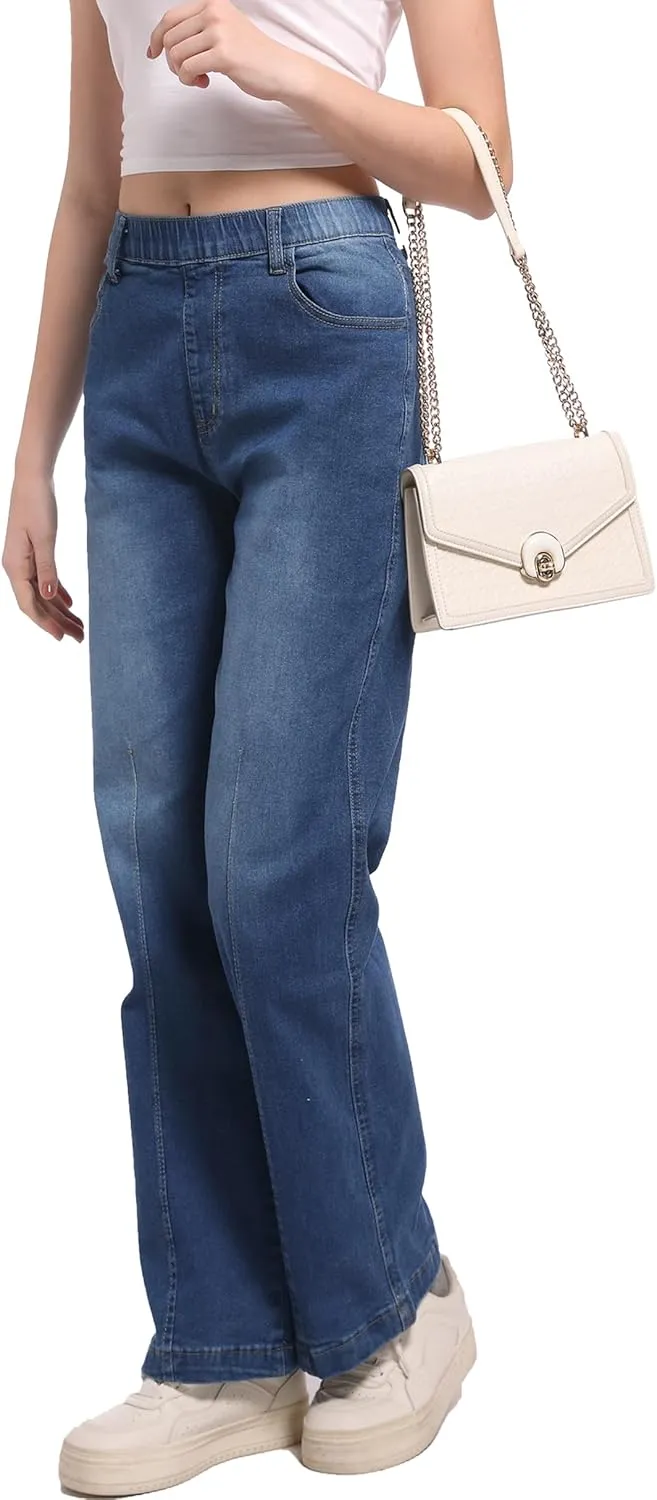 Pull on Jeans for Women Flare Stretchy Elastic High Waist Denim Pants Trendy Bootcut Front Seam Jean