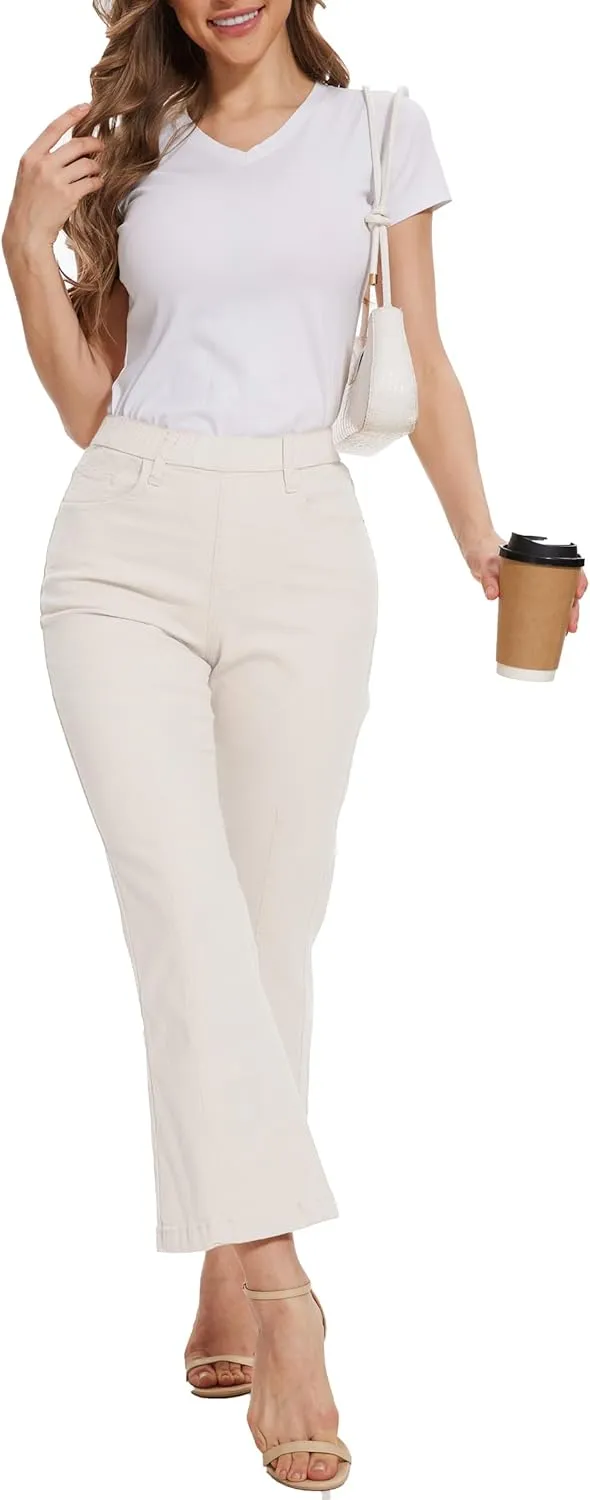 Pull on Jeans for Women Flare Stretchy Elastic High Waist Denim Pants Trendy Bootcut Front Seam Jean