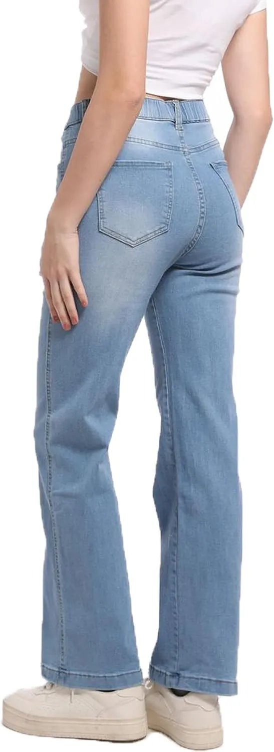 Pull on Jeans for Women Flare Stretchy Elastic High Waist Denim Pants Trendy Bootcut Front Seam Jean