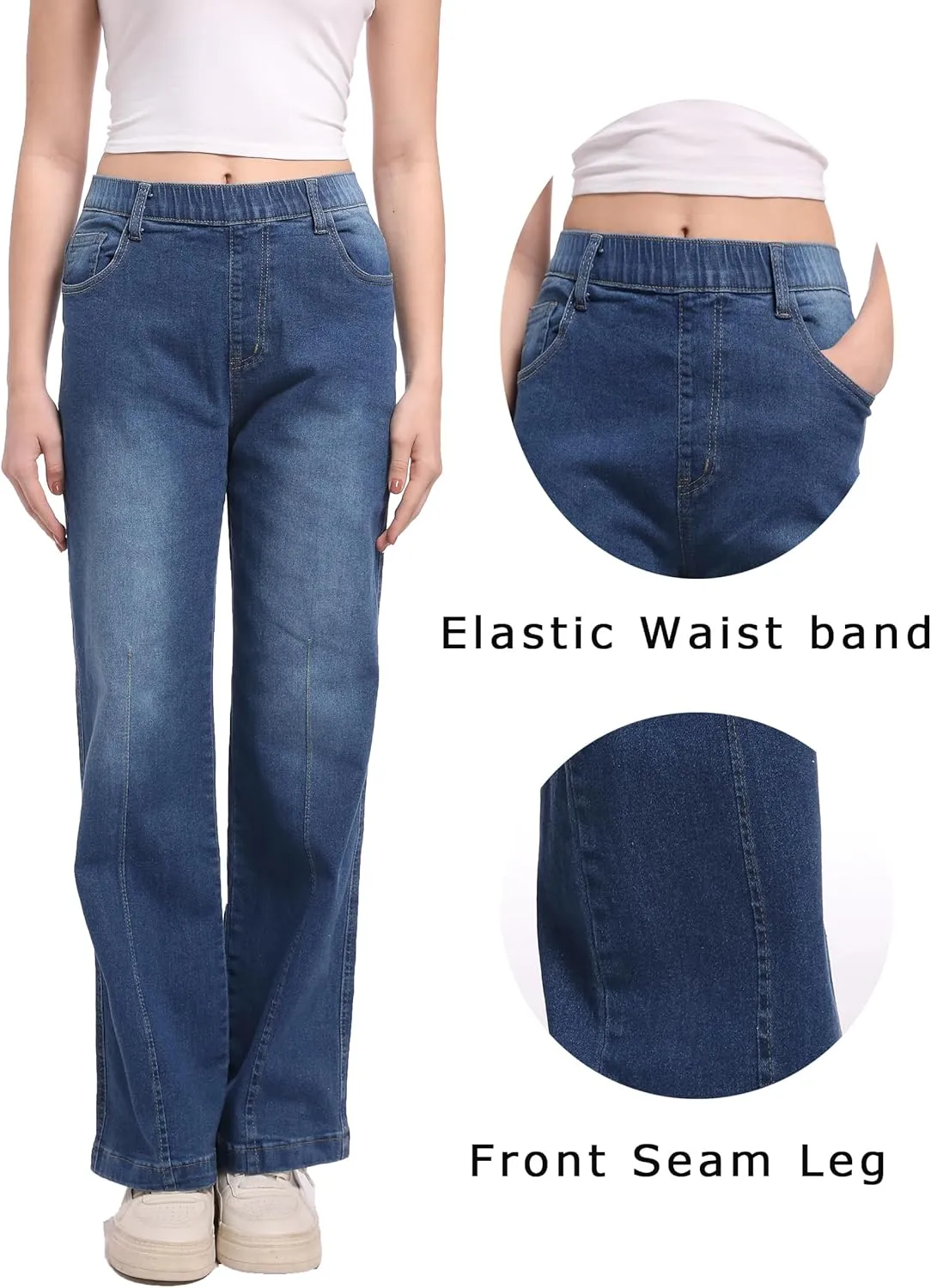 Pull on Jeans for Women Flare Stretchy Elastic High Waist Denim Pants Trendy Bootcut Front Seam Jean