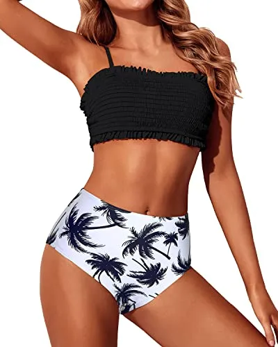 Push Up Off Shoulder Ruffle Bathing Suit Set High Waisted Bottoms-Black Palm Tree
