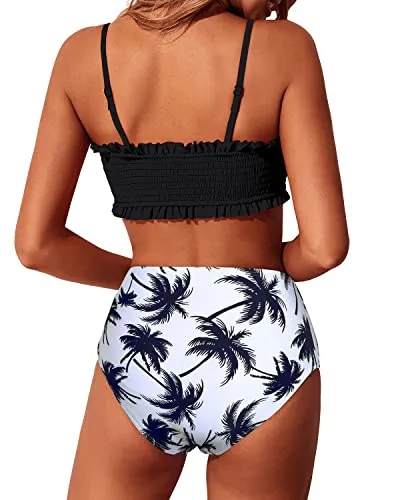 Push Up Off Shoulder Ruffle Bathing Suit Set High Waisted Bottoms-Black Palm Tree