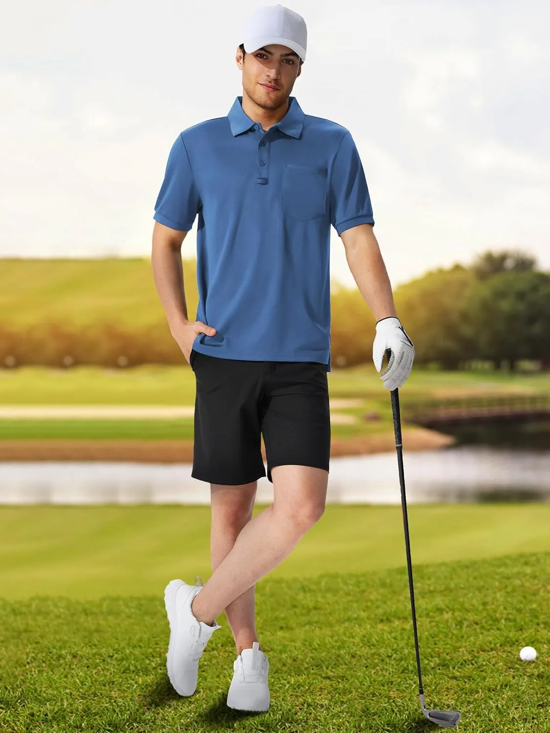 QPNGRP Men's Polo Shirts Short Sleeve with Pocket Quick Dry Performance Golf Shirts Casual Tactical Pique Collared T Shirt