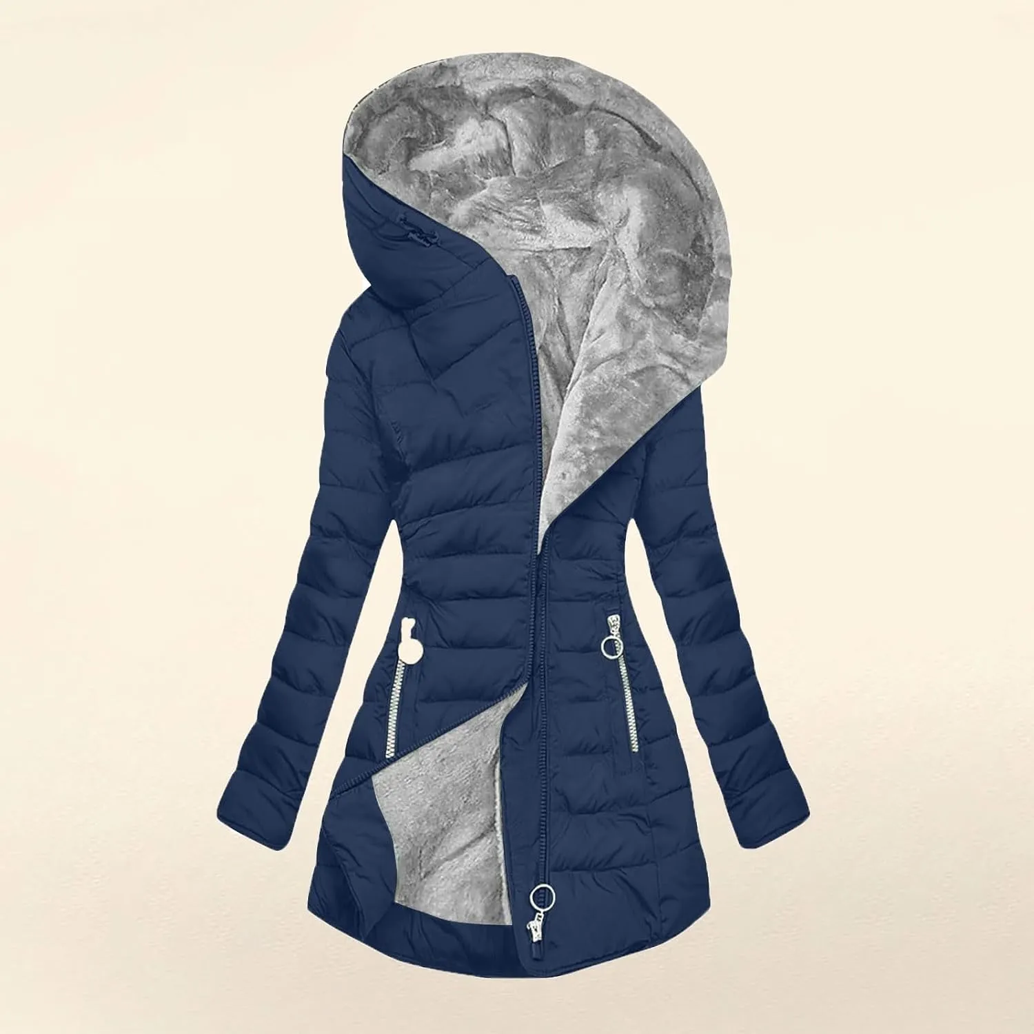 Quilted Jackets for Women Winter Plush Solid Color Mid-Length Diagonal Zipper Pocket Cotton Long-Sleeved Warm Jacket