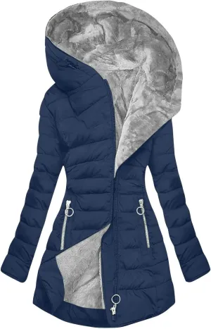 Quilted Jackets for Women Winter Plush Solid Color Mid-Length Diagonal Zipper Pocket Cotton Long-Sleeved Warm Jacket