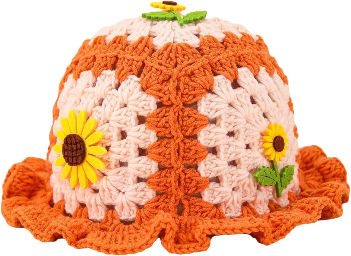 QWINEE Crochet Bucket Hat Colorblock Crochet Straw Hat Foldable Packable Knitted Fishing Hat Boho Daily Life Beach Hat