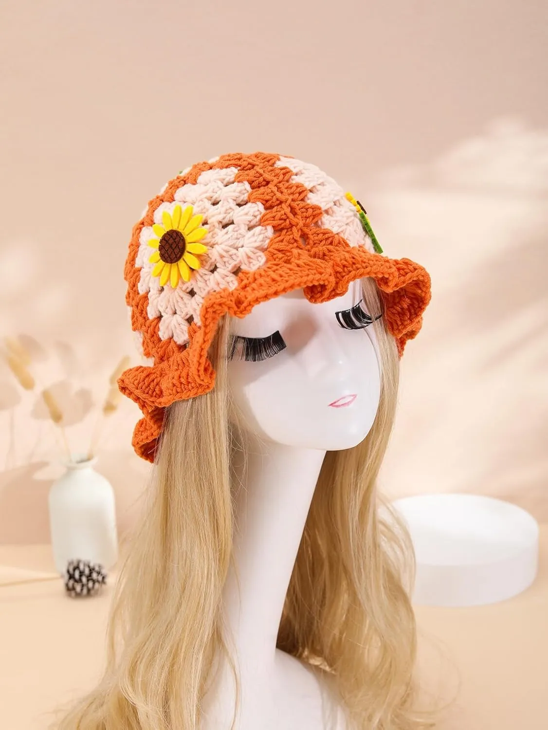 QWINEE Crochet Bucket Hat Colorblock Crochet Straw Hat Foldable Packable Knitted Fishing Hat Boho Daily Life Beach Hat