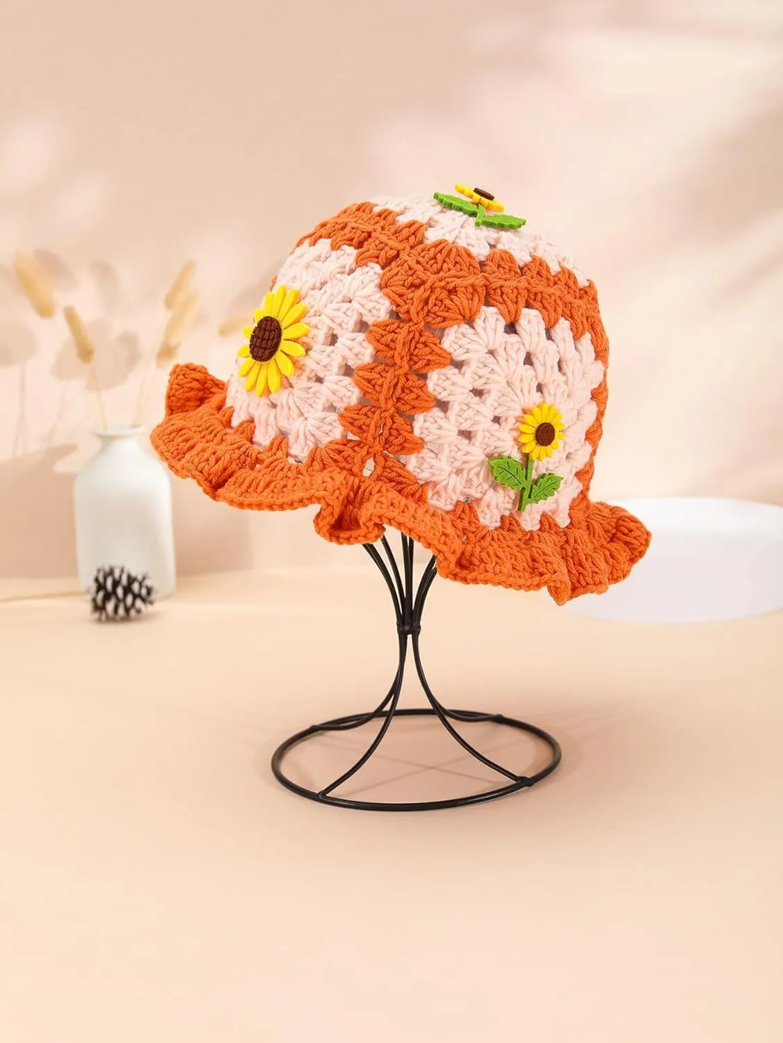 QWINEE Crochet Bucket Hat Colorblock Crochet Straw Hat Foldable Packable Knitted Fishing Hat Boho Daily Life Beach Hat