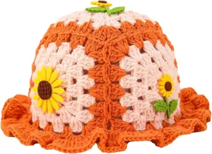 QWINEE Crochet Bucket Hat Colorblock Crochet Straw Hat Foldable Packable Knitted Fishing Hat Boho Daily Life Beach Hat