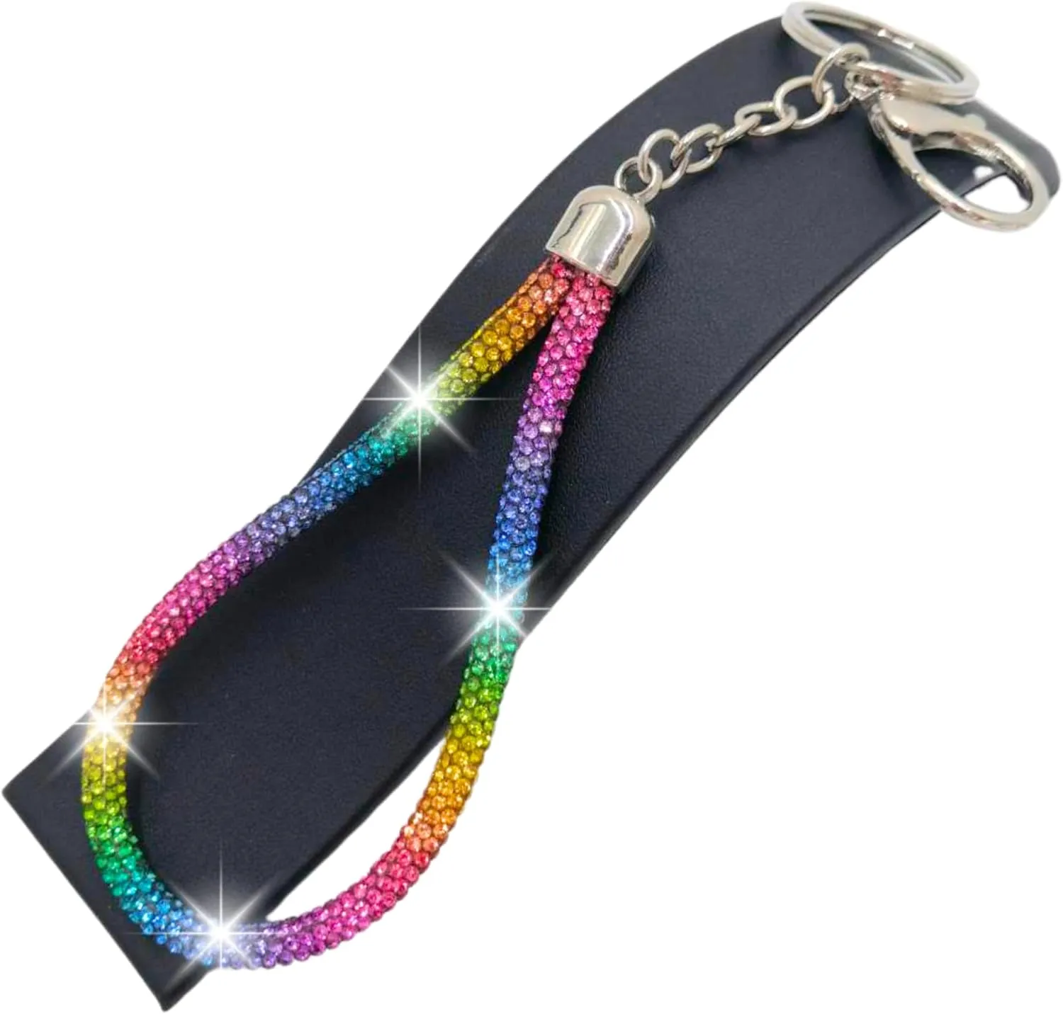 Rainbow Silver Rhinestone Keychain Sparkle, Bling Glitter Crystal Lanyard Key Chain, Bracelet Wristlet Bangle Key Ring Holder