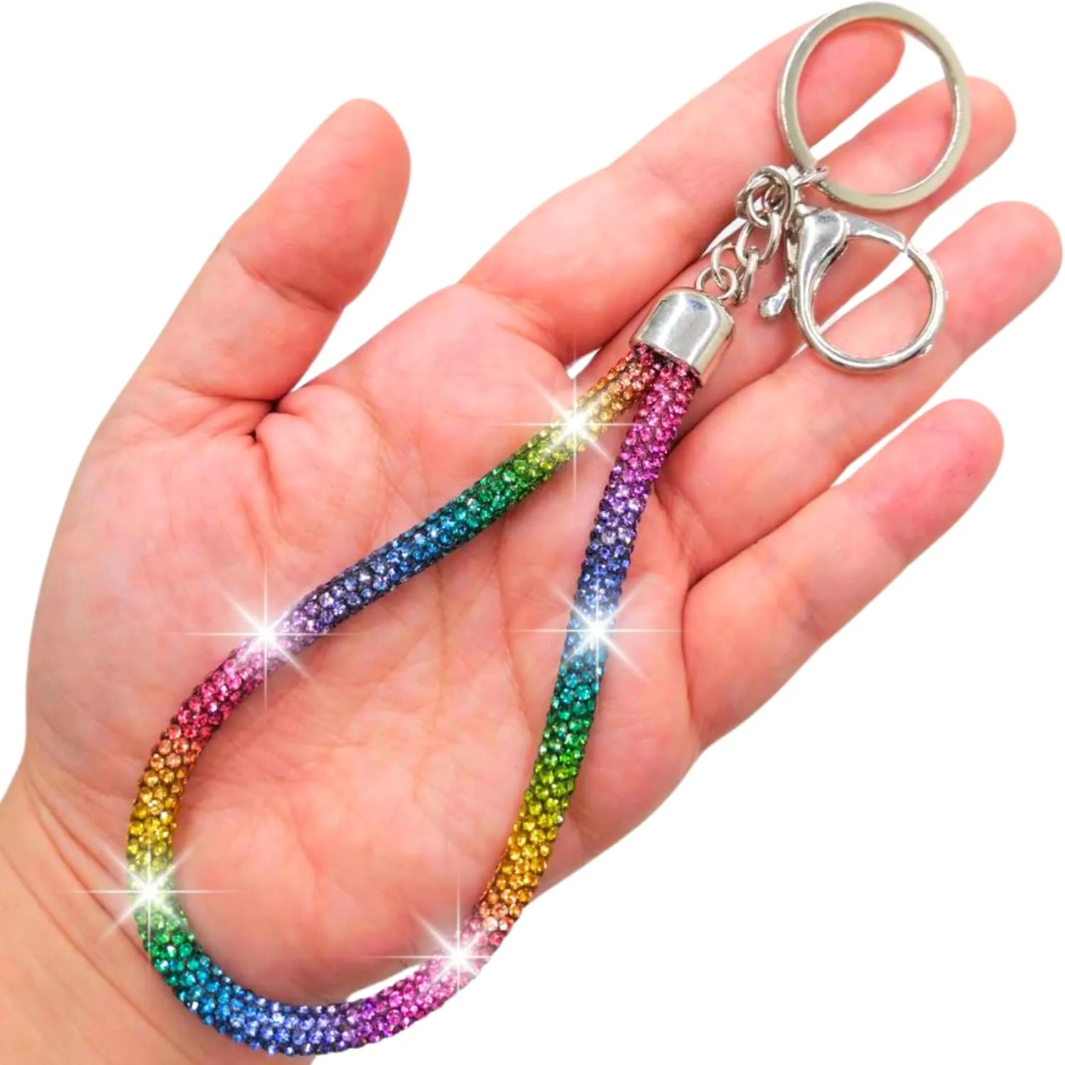 Rainbow Silver Rhinestone Keychain Sparkle, Bling Glitter Crystal Lanyard Key Chain, Bracelet Wristlet Bangle Key Ring Holder