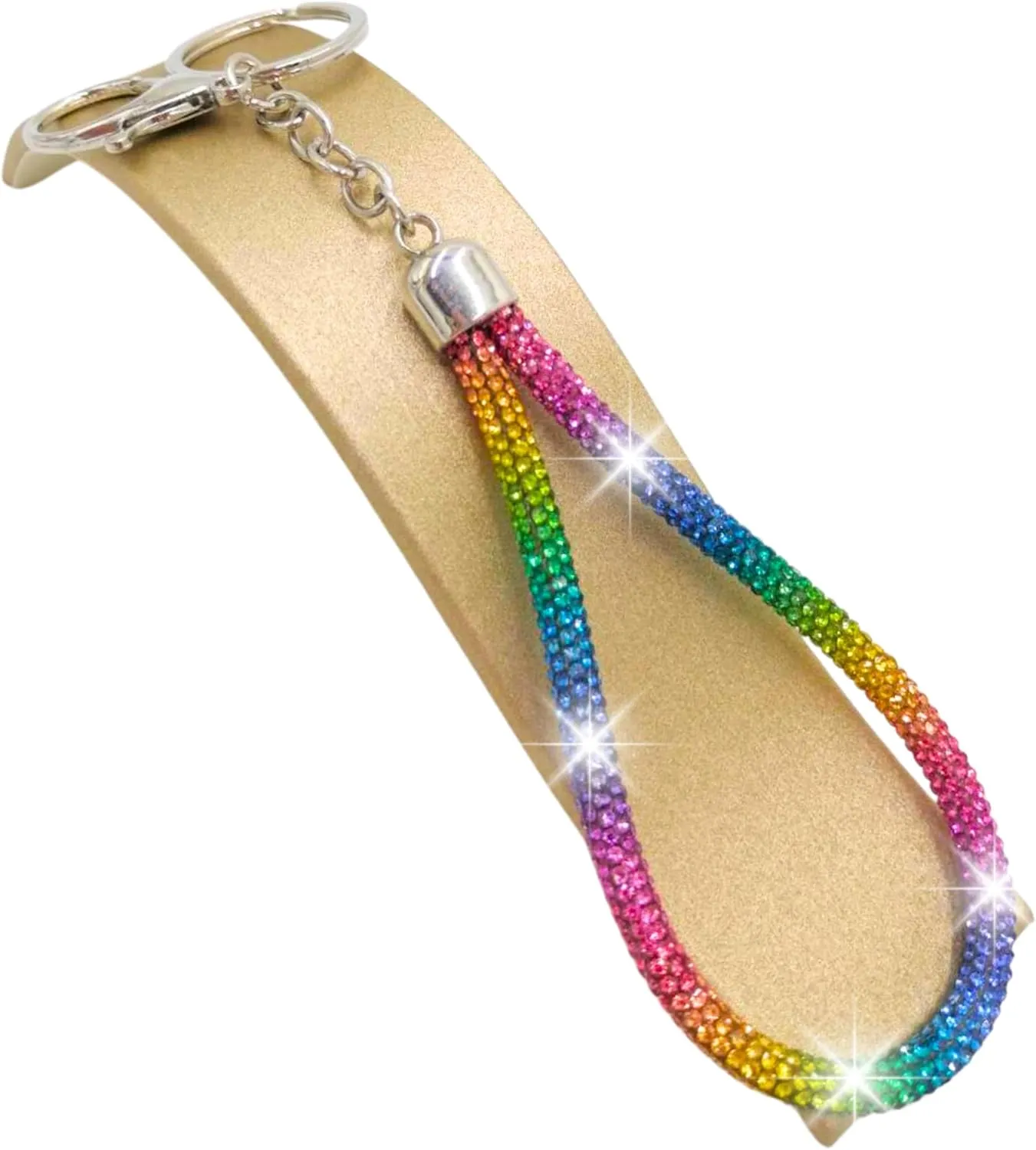 Rainbow Silver Rhinestone Keychain Sparkle, Bling Glitter Crystal Lanyard Key Chain, Bracelet Wristlet Bangle Key Ring Holder