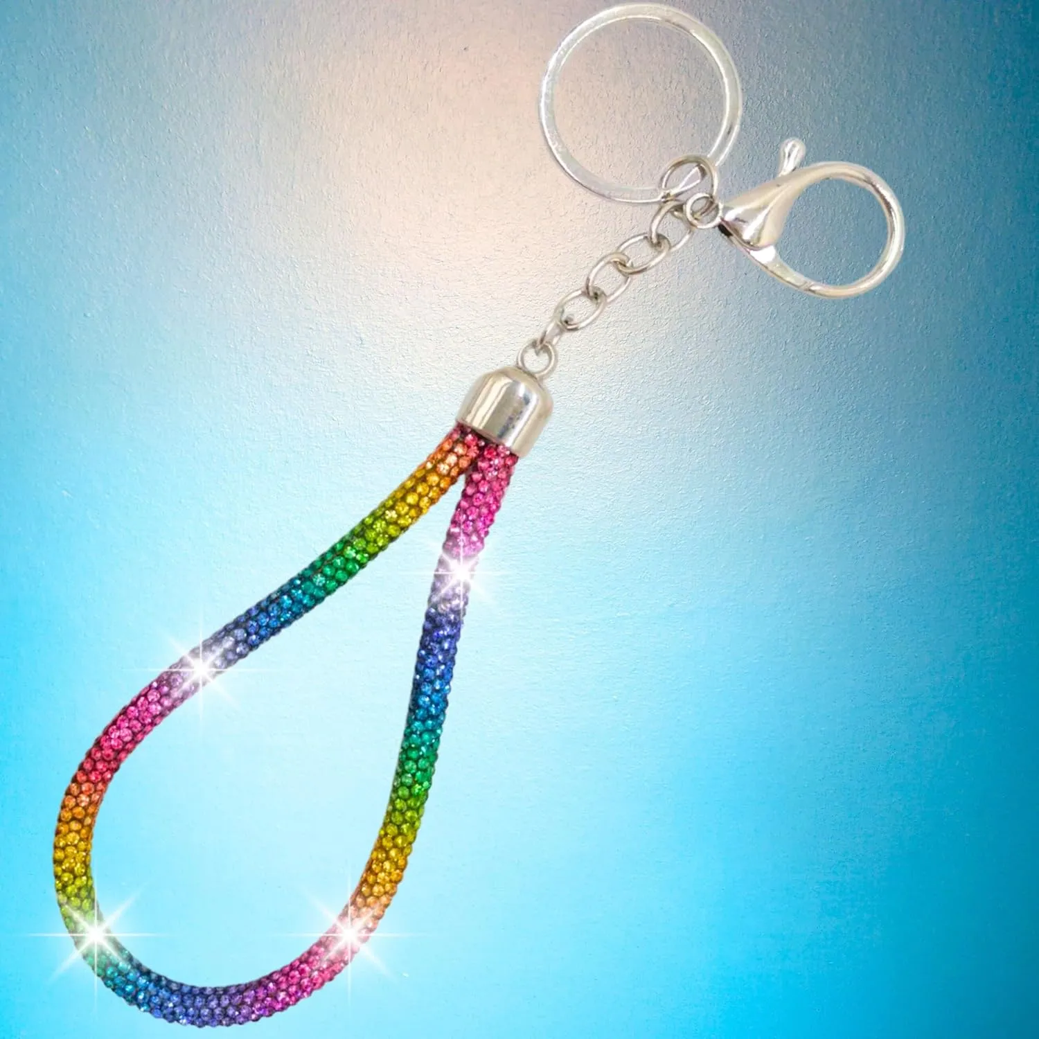 Rainbow Silver Rhinestone Keychain Sparkle, Bling Glitter Crystal Lanyard Key Chain, Bracelet Wristlet Bangle Key Ring Holder