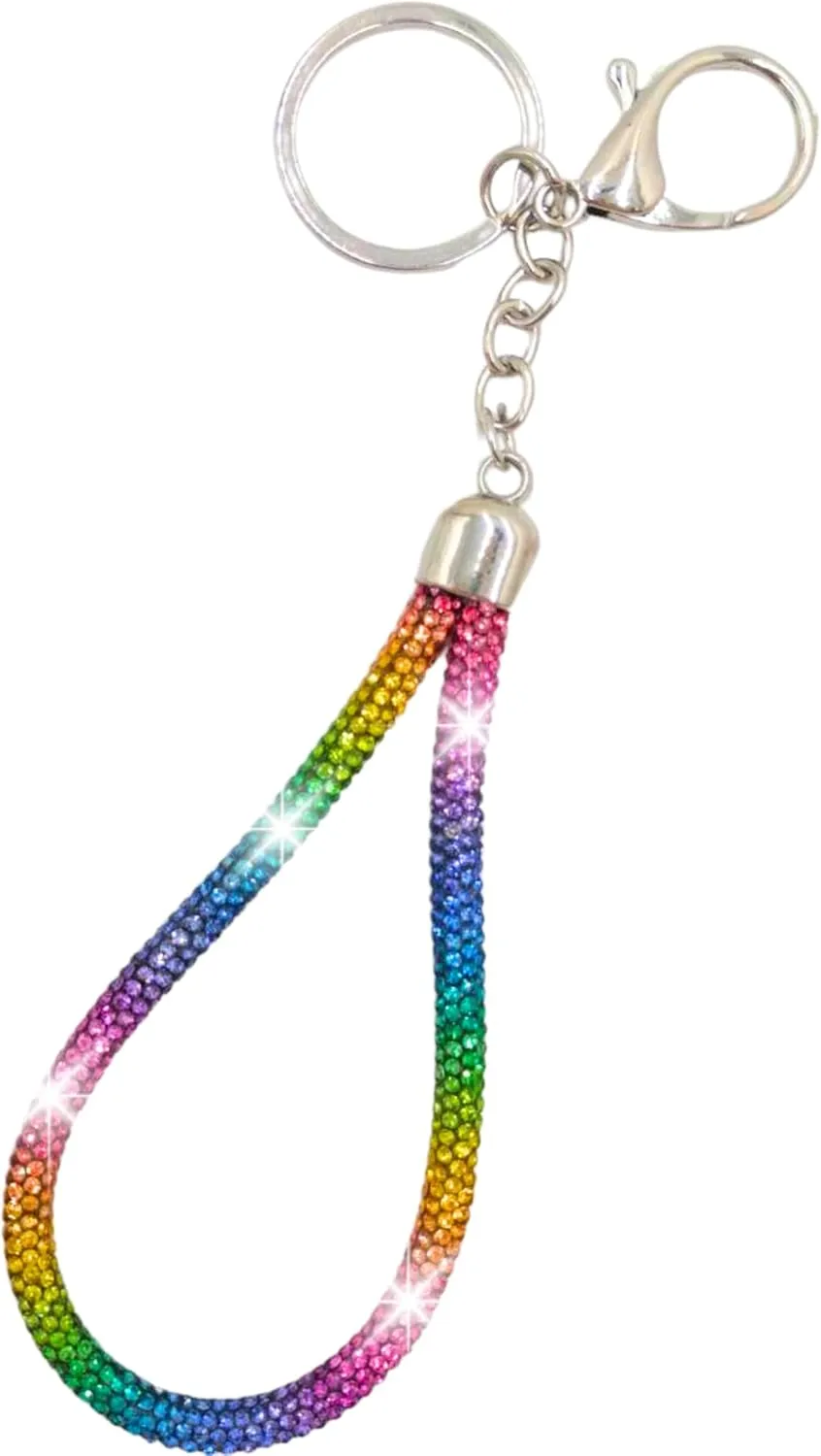 Rainbow Silver Rhinestone Keychain Sparkle, Bling Glitter Crystal Lanyard Key Chain, Bracelet Wristlet Bangle Key Ring Holder