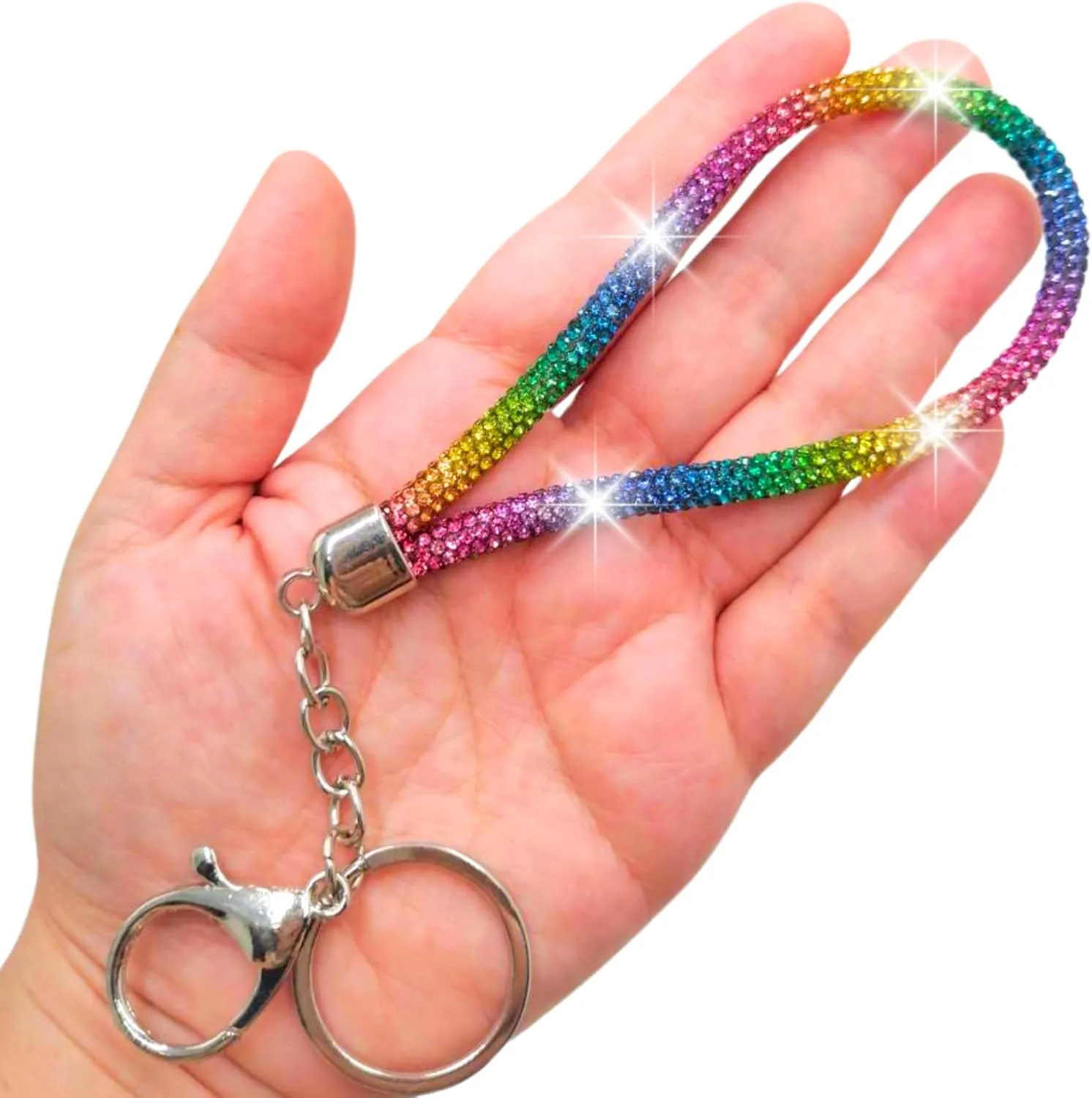 Rainbow Silver Rhinestone Keychain Sparkle, Bling Glitter Crystal Lanyard Key Chain, Bracelet Wristlet Bangle Key Ring Holder
