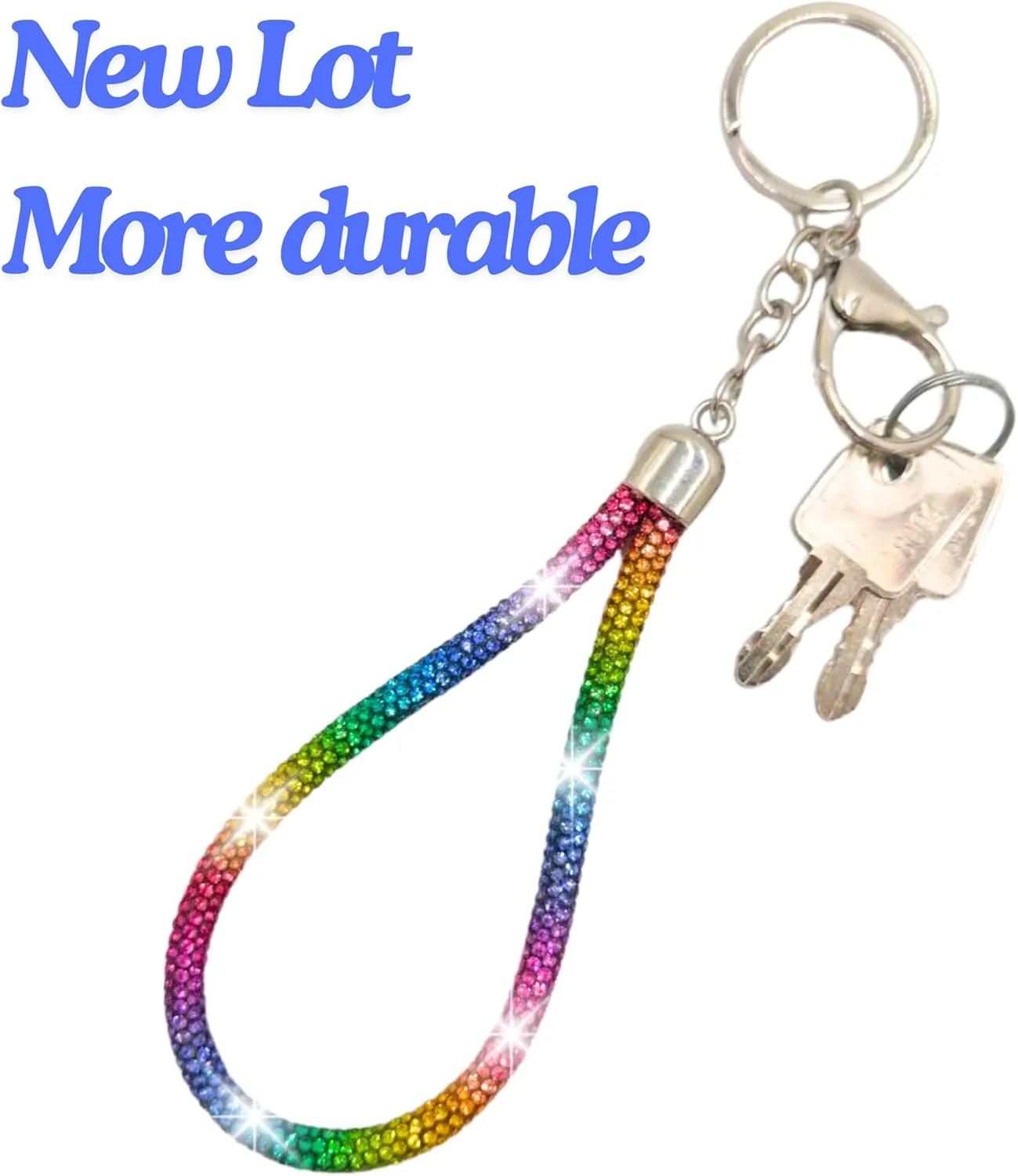 Rainbow Silver Rhinestone Keychain Sparkle, Bling Glitter Crystal Lanyard Key Chain, Bracelet Wristlet Bangle Key Ring Holder