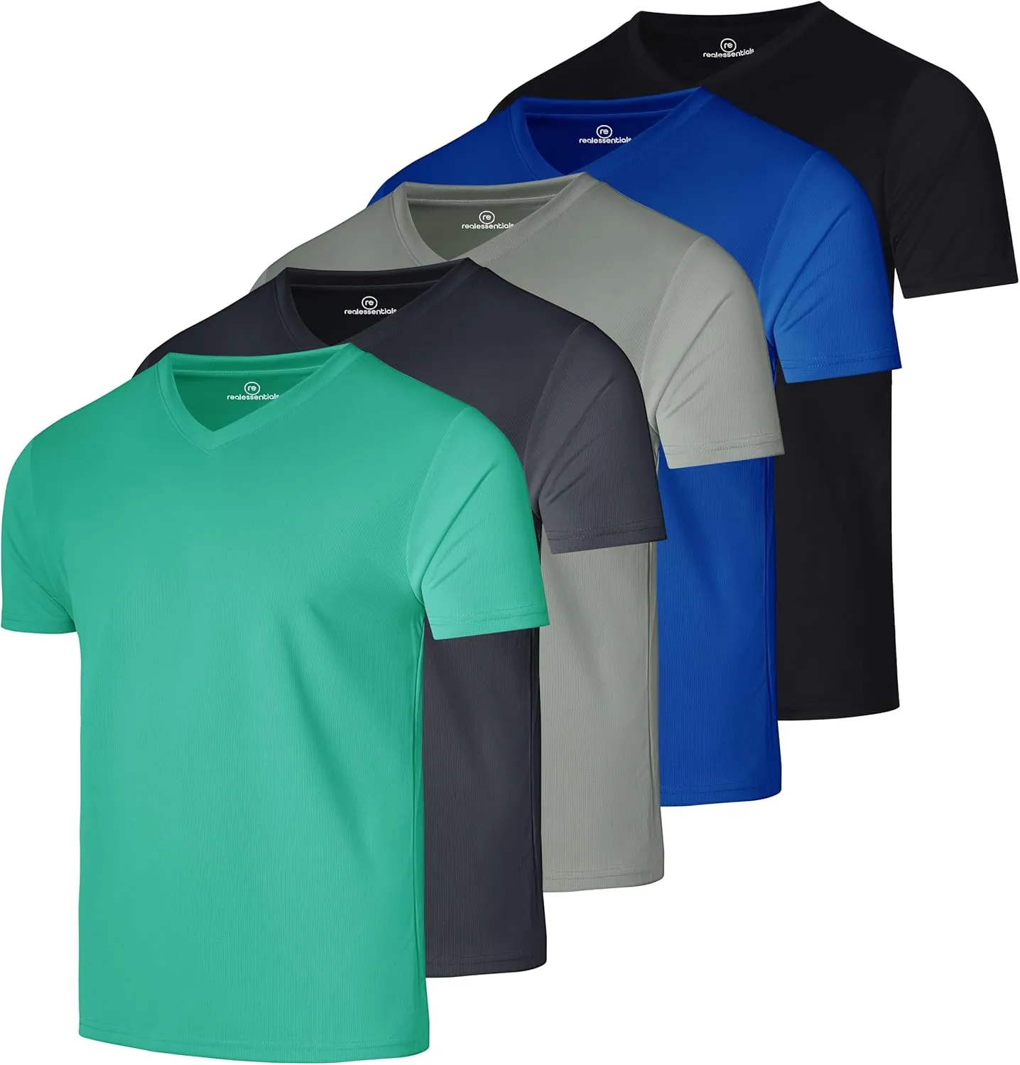 Real Essentials 5 Pack: Men's Mesh Quick Dry Short Sleeve V-Neck T-Shirt - Athletic Performance (Available in Big & Tall)