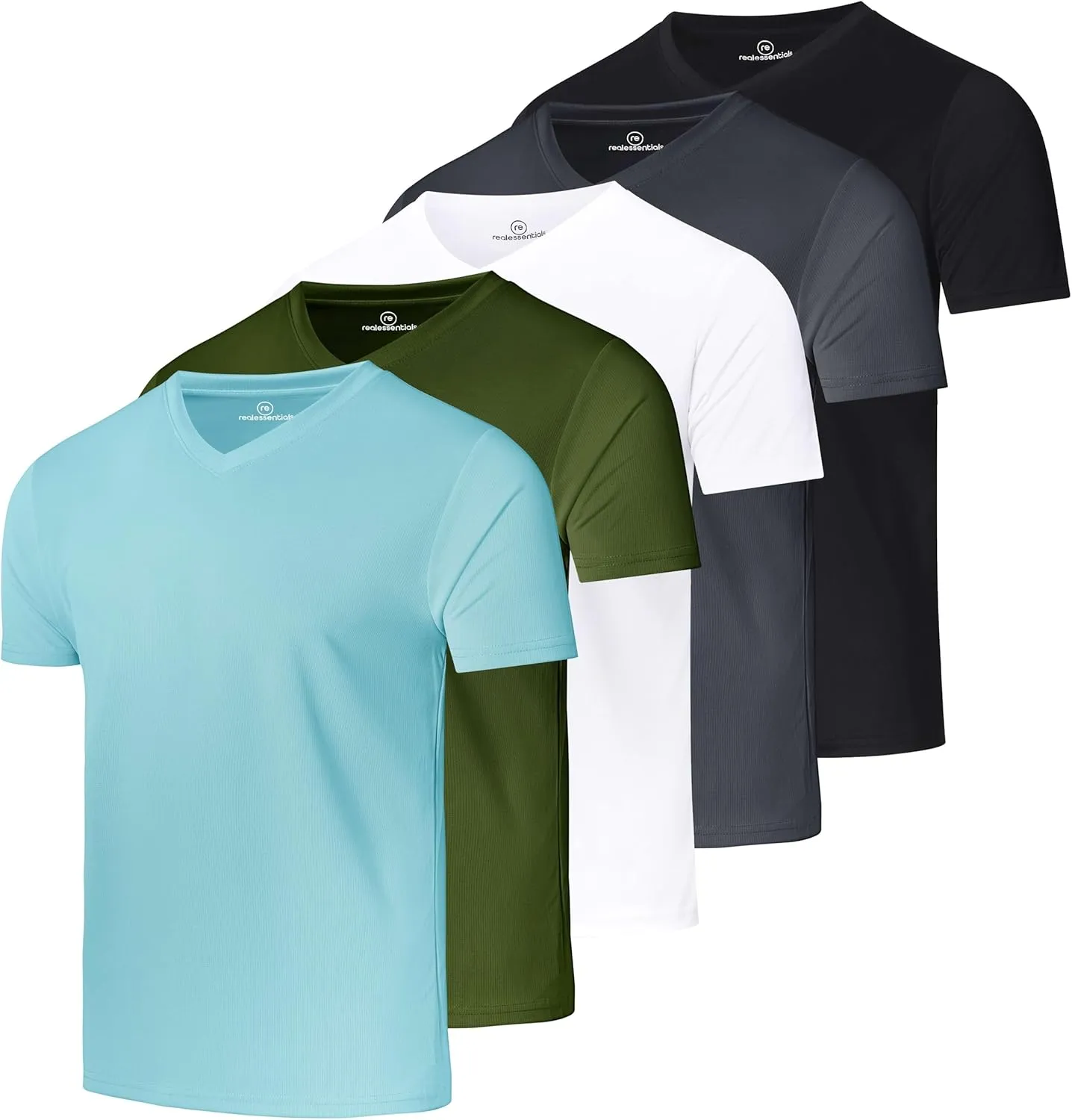 Real Essentials 5 Pack: Men's Mesh Quick Dry Short Sleeve V-Neck T-Shirt - Athletic Performance (Available in Big & Tall)