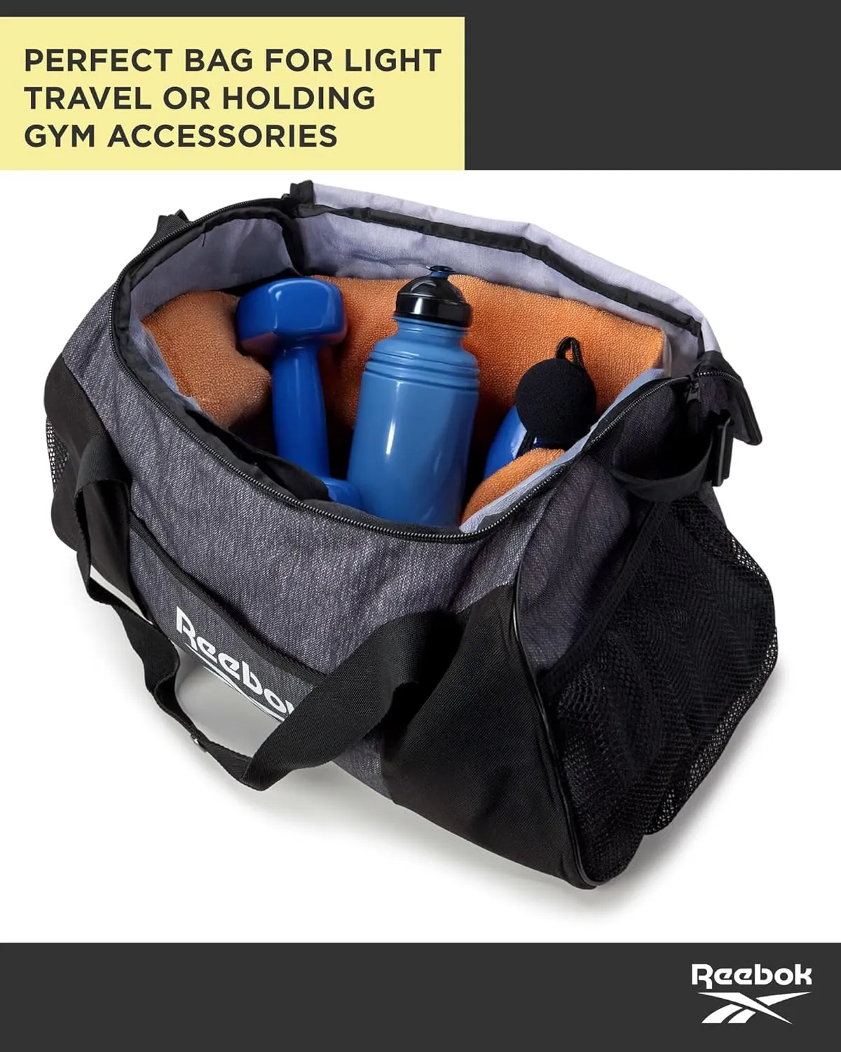 Reebok Duffle Bag  Gym Bag for Women & Men, Carry On and Overnight Duffle for Travel & Fitness, Size Small, Aleph Grey