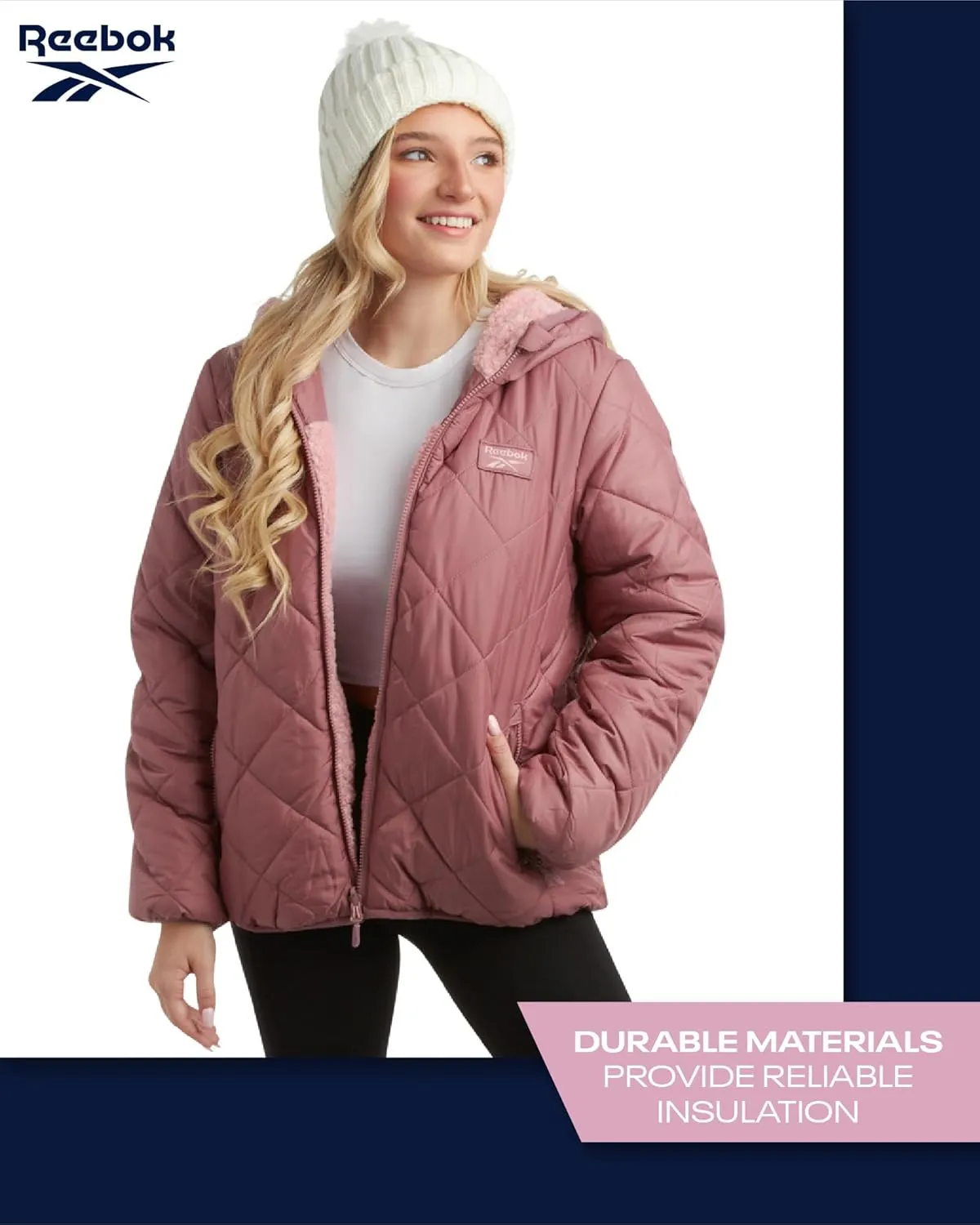 Reebok Women's Puffer Jacket - Quilted Puffer Reversible to Faux Fleece Jacket - Insulated Winter Jackets for Women (S-XL)