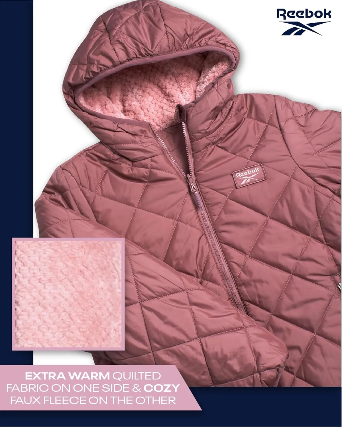 Reebok Women's Puffer Jacket - Quilted Puffer Reversible to Faux Fleece Jacket - Insulated Winter Jackets for Women (S-XL)