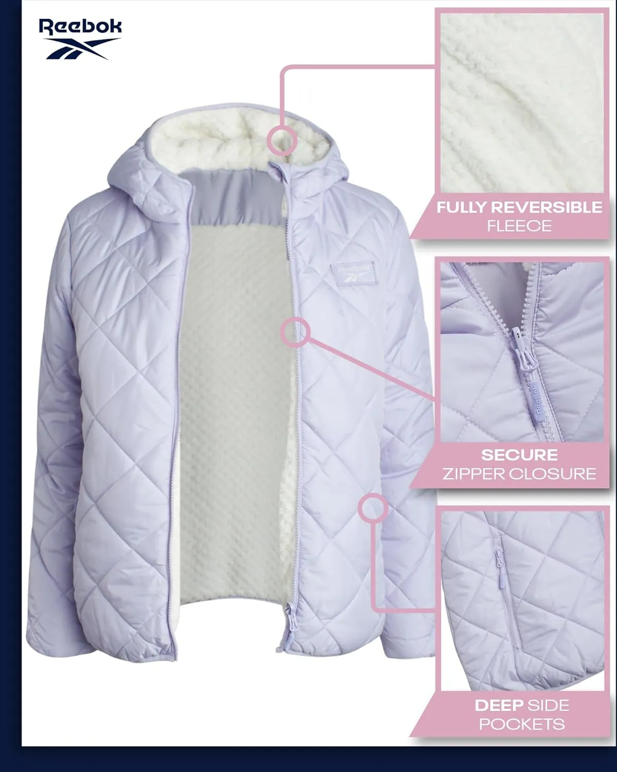 Reebok Women's Puffer Jacket - Quilted Puffer Reversible to Faux Fleece Jacket - Insulated Winter Jackets for Women (S-XL)
