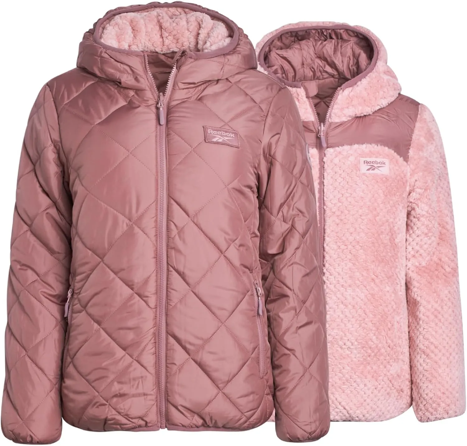 Reebok Women's Puffer Jacket - Quilted Puffer Reversible to Faux Fleece Jacket - Insulated Winter Jackets for Women (S-XL)