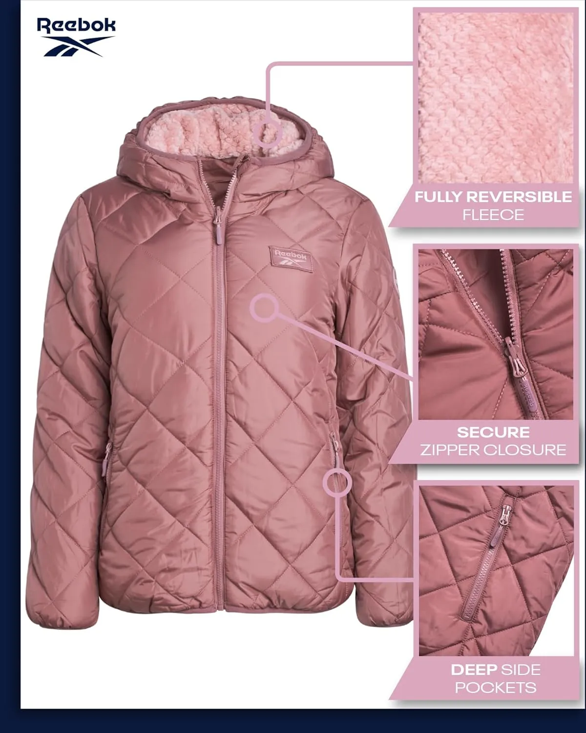 Reebok Women's Puffer Jacket - Quilted Puffer Reversible to Faux Fleece Jacket - Insulated Winter Jackets for Women (S-XL)