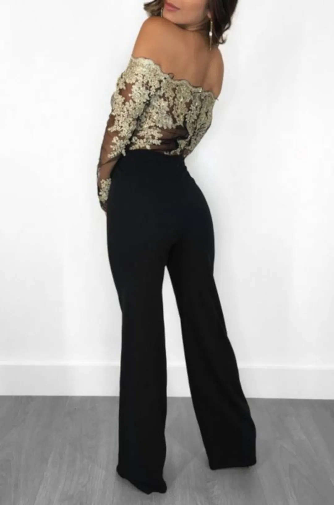 Retro Black Lace Golden Off The Shoulder Long Sleeve Jumpsuit