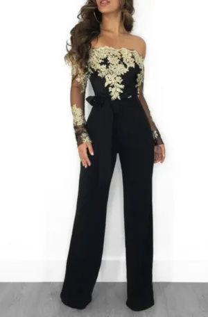 Retro Black Lace Golden Off The Shoulder Long Sleeve Jumpsuit