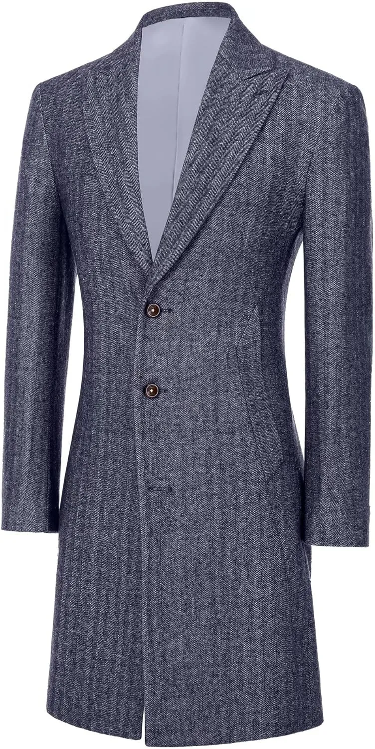 Retro Herringbone Mens Long Trench Coat Jackets Tweed Slim Fit Prom Peacoat Wool Blend Blazer Casual Men Winter Jacket