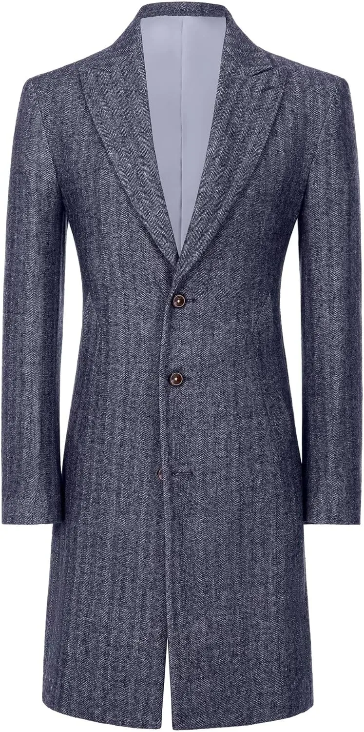 Retro Herringbone Mens Long Trench Coat Jackets Tweed Slim Fit Prom Peacoat Wool Blend Blazer Casual Men Winter Jacket