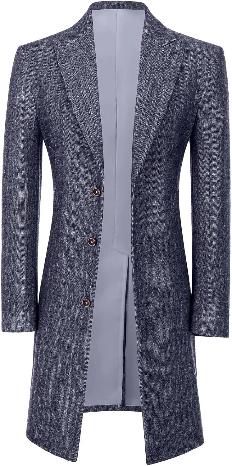 Retro Herringbone Mens Long Trench Coat Jackets Tweed Slim Fit Prom Peacoat Wool Blend Blazer Casual Men Winter Jacket