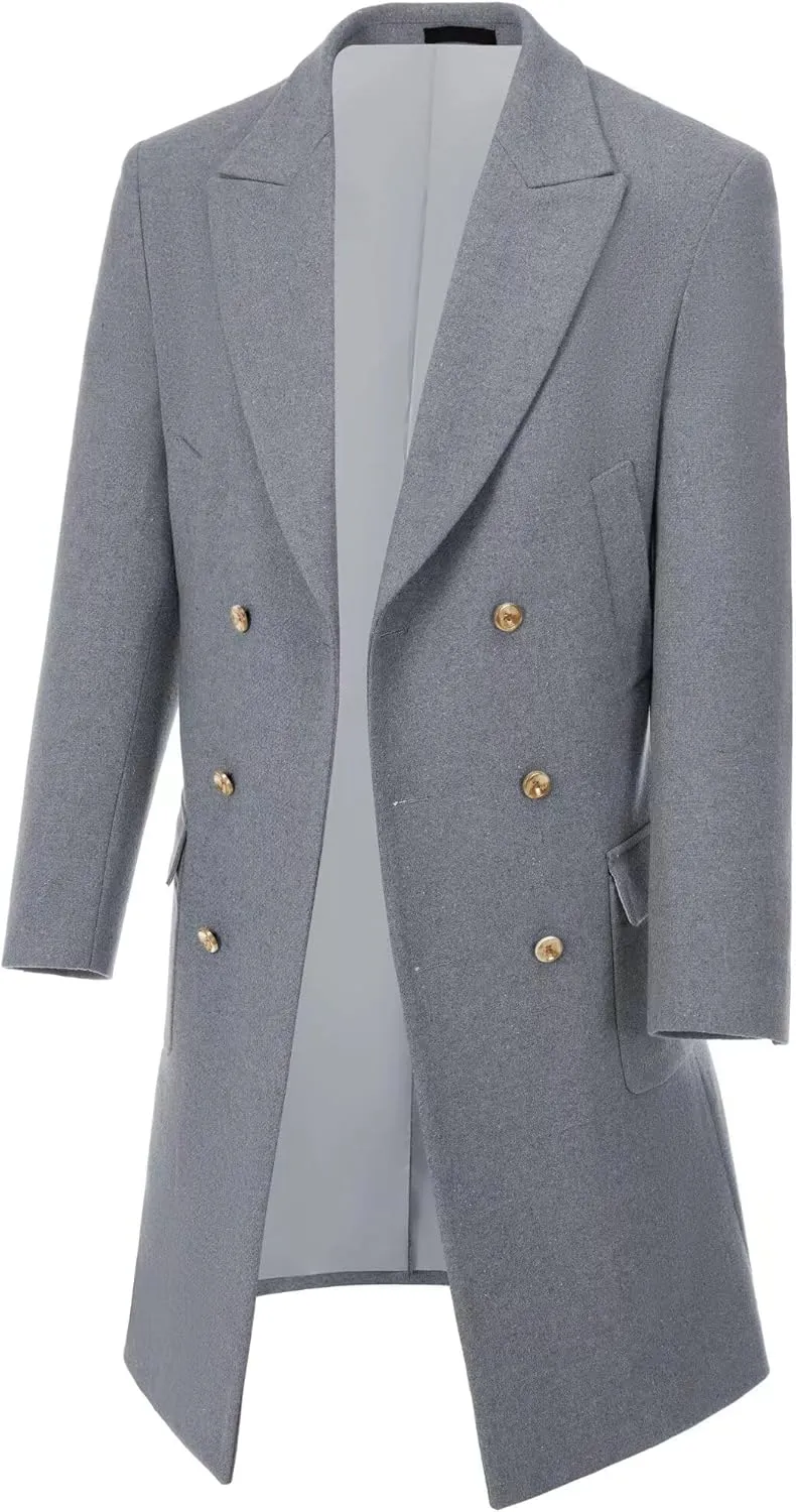 Retro Long Mens Trench Coat Jackets Slim Fit Overcoat Prom Peacoat Wool Blend Blazer Casual Men Double Breasted Coats