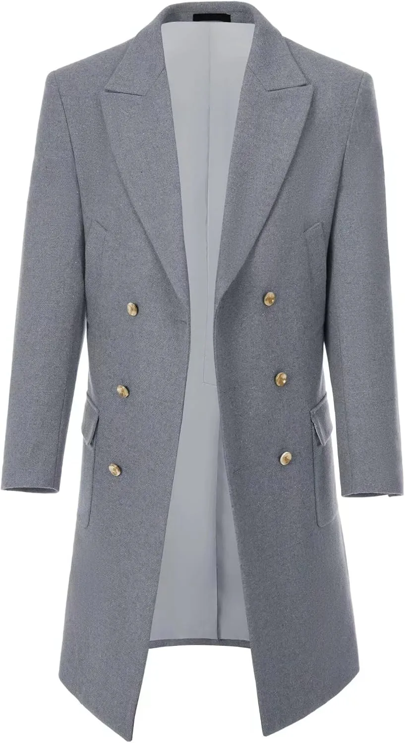 Retro Long Mens Trench Coat Jackets Slim Fit Overcoat Prom Peacoat Wool Blend Blazer Casual Men Double Breasted Coats